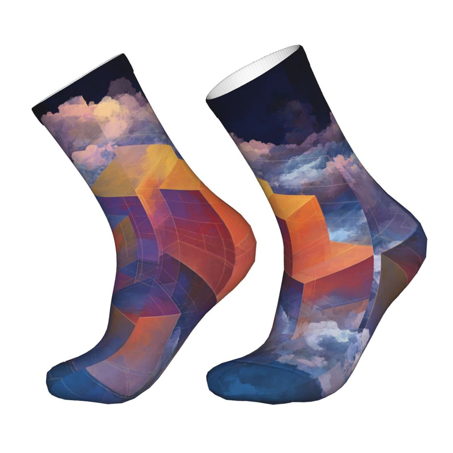 Geometric 3D Blocks with Dreamy Cloud Pattern Thickened Warm Socks 12-Inch Long Tube Artistic Fashion Socks
