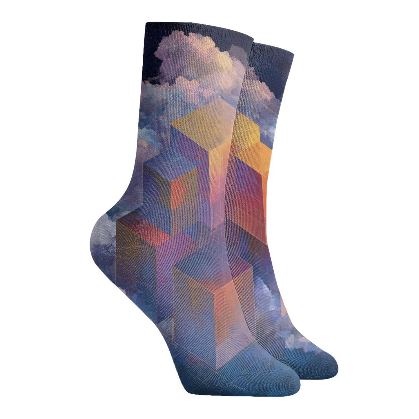 Geometric 3D Blocks with Dreamy Cloud Pattern Thickened Warm Socks 12-Inch Long Tube Artistic Fashion Socks