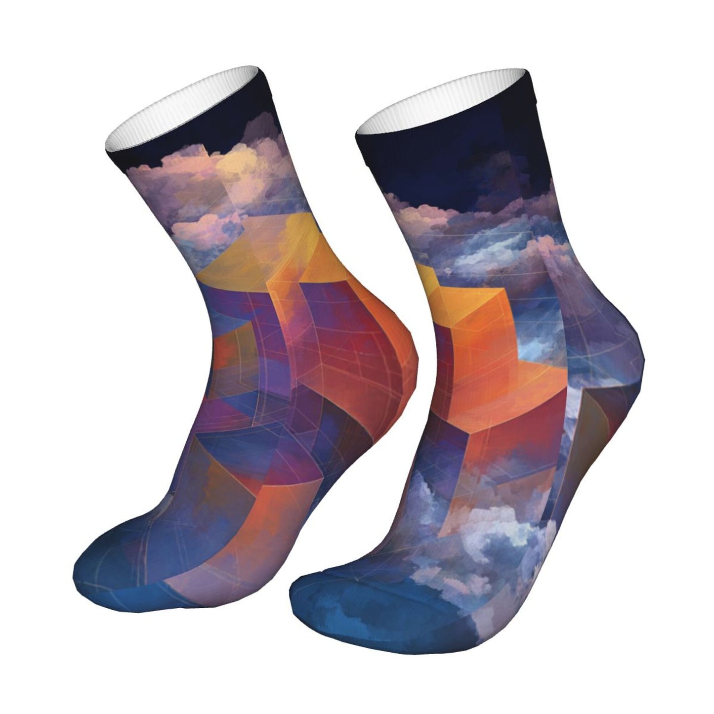 Geometric 3D Blocks with Dreamy Cloud Pattern Thickened Warm Socks 12-Inch Long Tube Artistic Fashion Socks