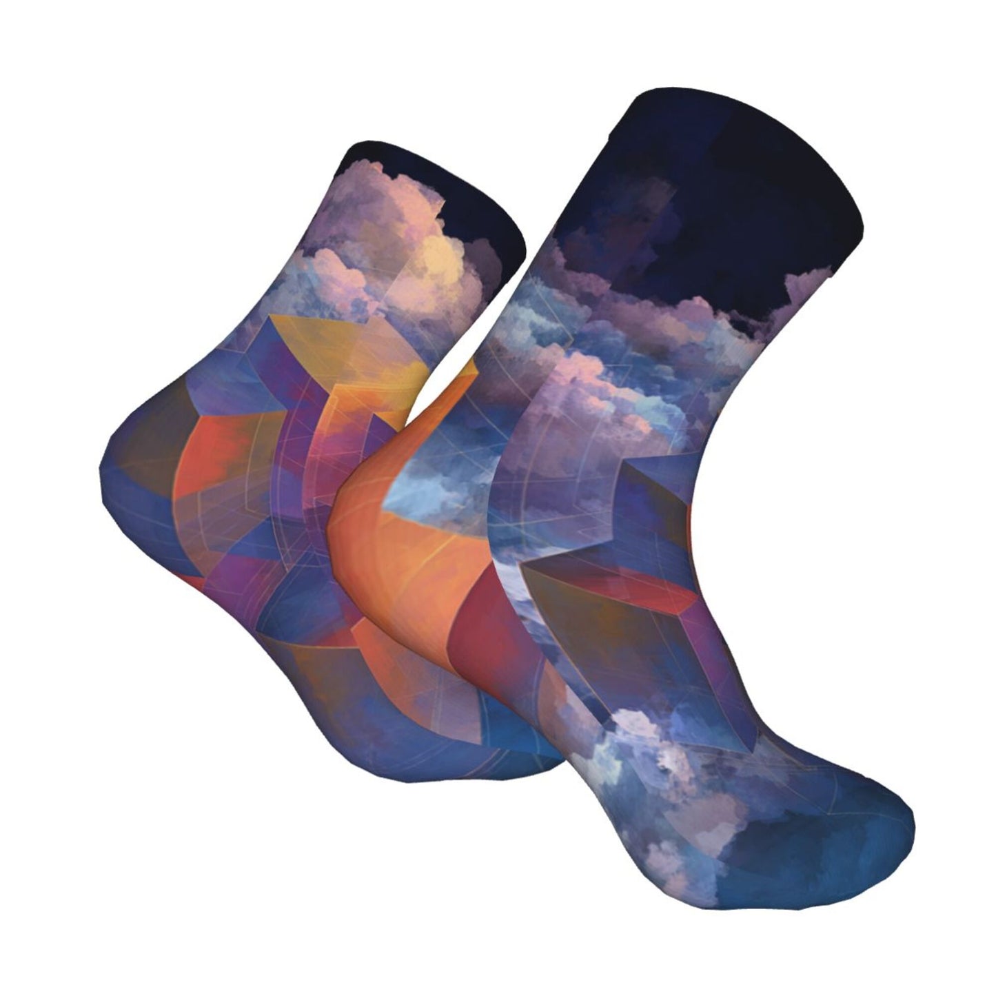 Geometric 3D Blocks with Dreamy Cloud Pattern Thickened Warm Socks 12-Inch Long Tube Artistic Fashion Socks