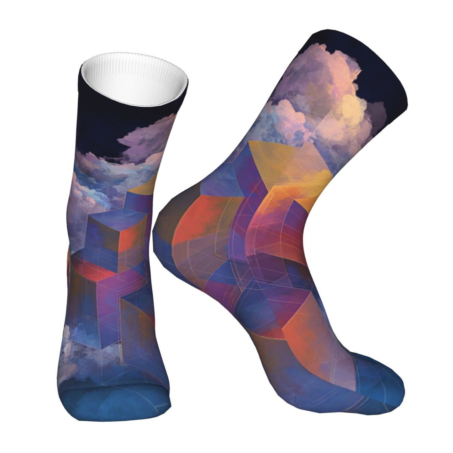 Geometric 3D Blocks with Dreamy Cloud Pattern Thickened Warm Socks 12-Inch Long Tube Artistic Fashion Socks