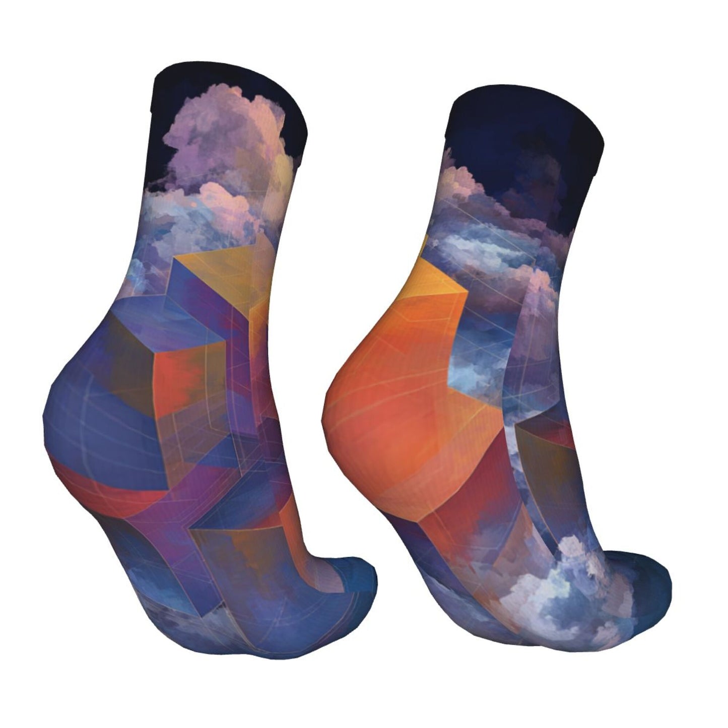 Geometric 3D Blocks with Dreamy Cloud Pattern Thickened Warm Socks 12-Inch Long Tube Artistic Fashion Socks