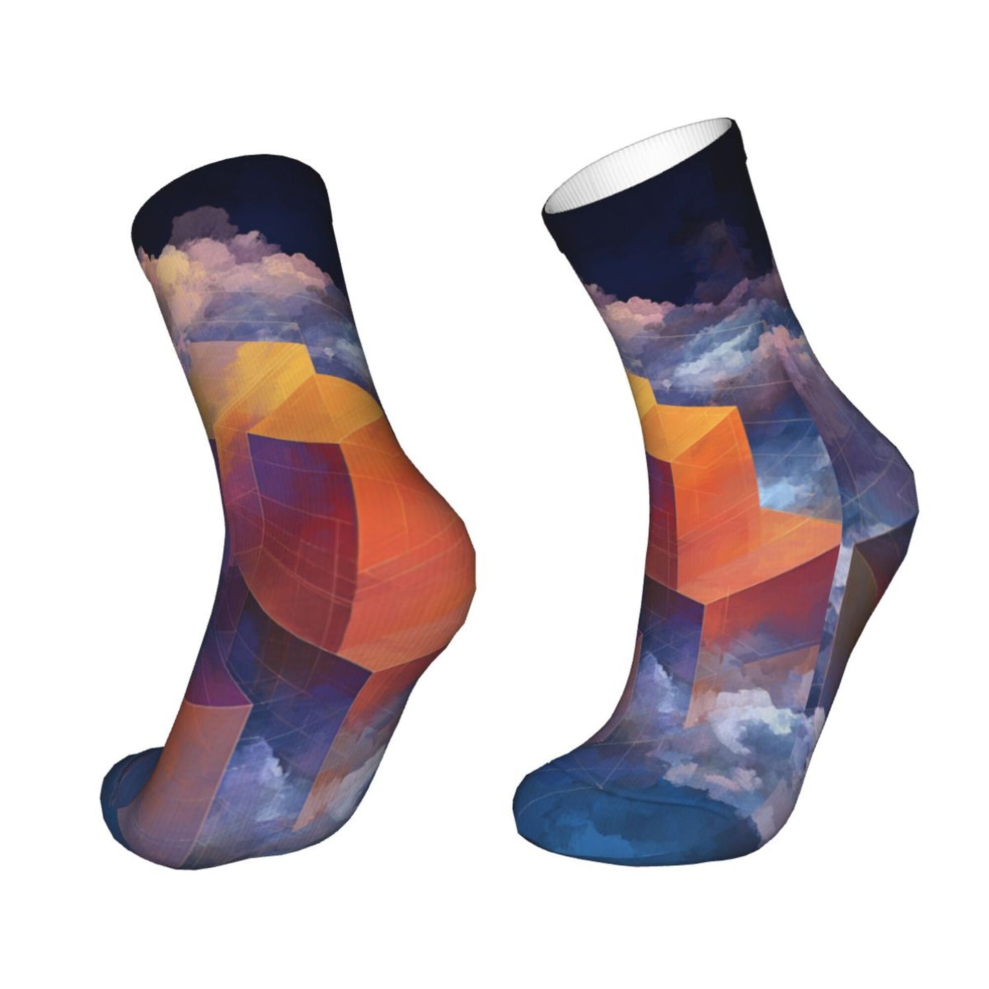 Geometric 3D Blocks with Dreamy Cloud Pattern Thickened Warm Socks 12-Inch Long Tube Artistic Fashion Socks