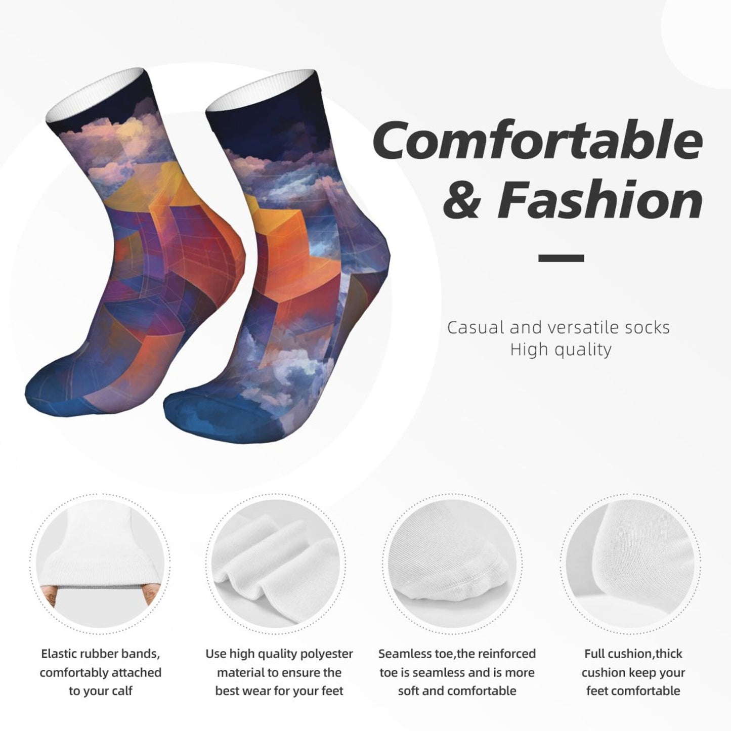 Geometric 3D Blocks with Dreamy Cloud Pattern Thickened Warm Socks 12-Inch Long Tube Artistic Fashion Socks
