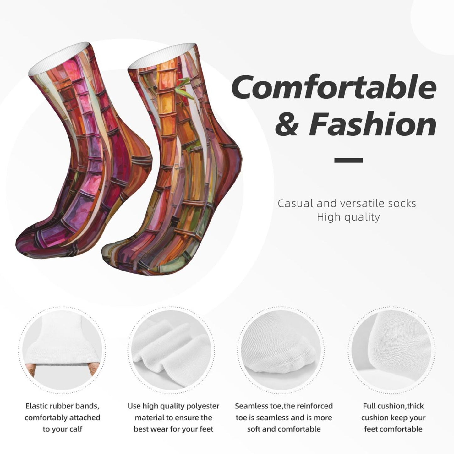Colorful Bamboo Texture Art Pattern Thickened Warm Socks 12-Inch Long Tube Artistic Fashion Socks