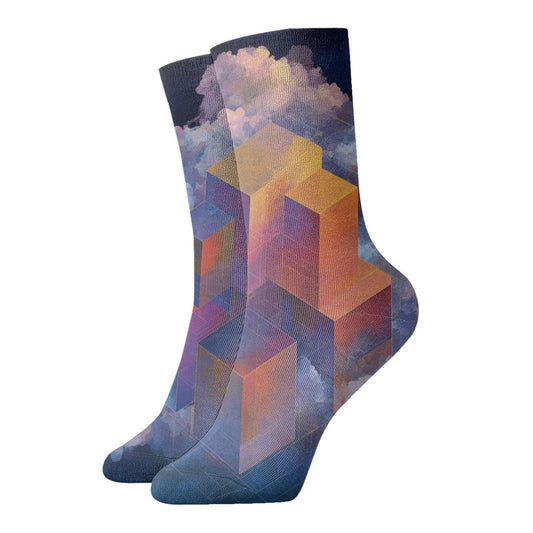 Geometric 3D Blocks with Dreamy Cloud Pattern Thickened Warm Socks 12-Inch Long Tube Artistic Fashion Socks