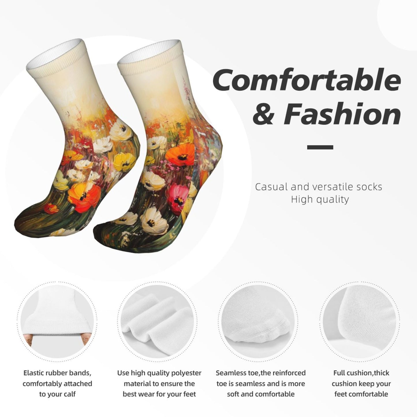 Oil Painting Floral Art Pattern Thickened Warm Socks 12-Inch Long Tube Artistic Fashion Socks